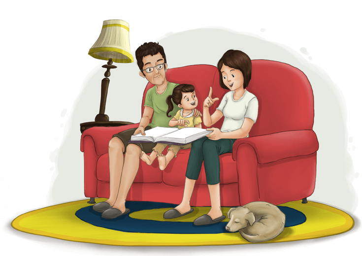 Family reading time with a daughter who has a limb difference.