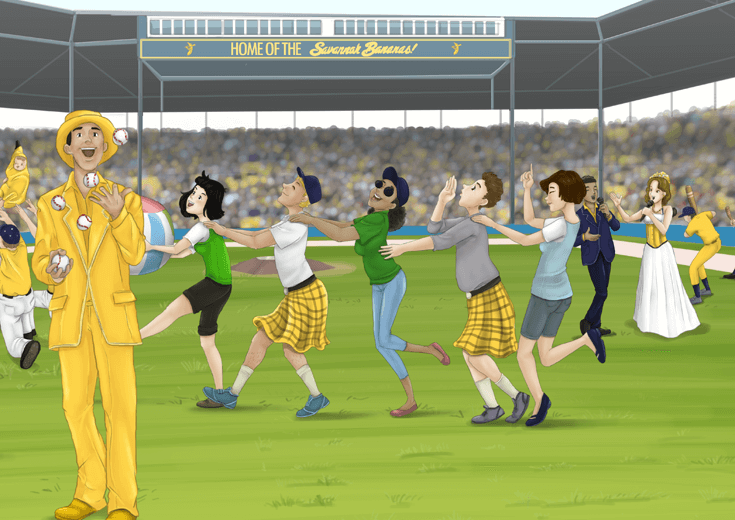 People in creative costumes parading during the half-time intermission of a baseball game.