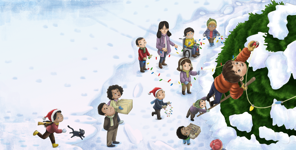 A boy is installing bulbs to a giant Christmas tree.