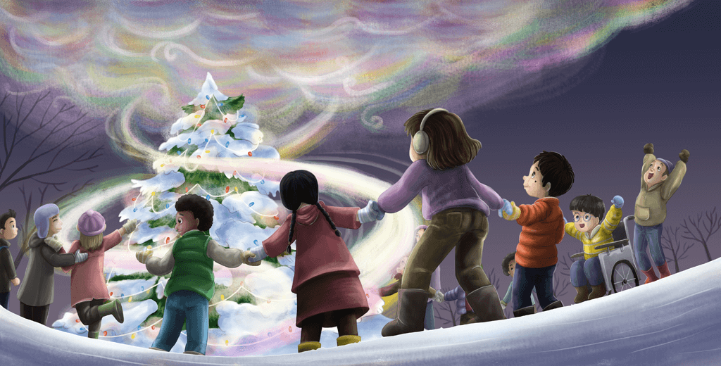 Diverse children celebrating around a large Christmas tree with the northern lights overhead.