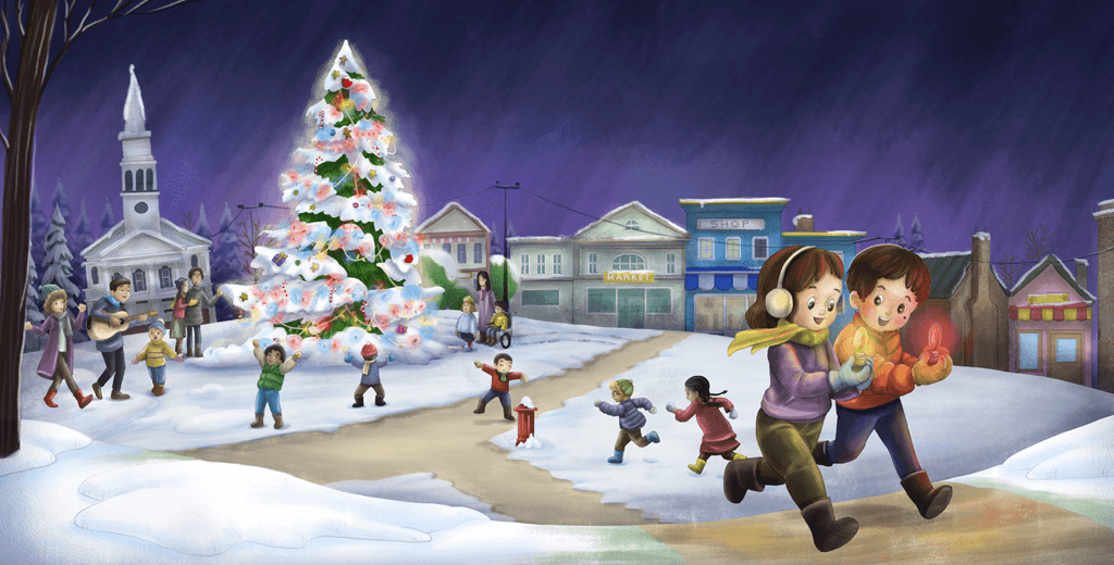 A boy and girl running home with glowing bulbs, while children celebrate around a large Christmas tree in a town square.