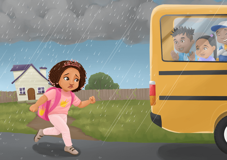 A girl wearing crown running late for school bus.