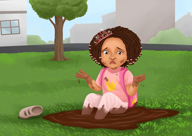 A girl wearing a crown sitting sadly in a muddy puddle.