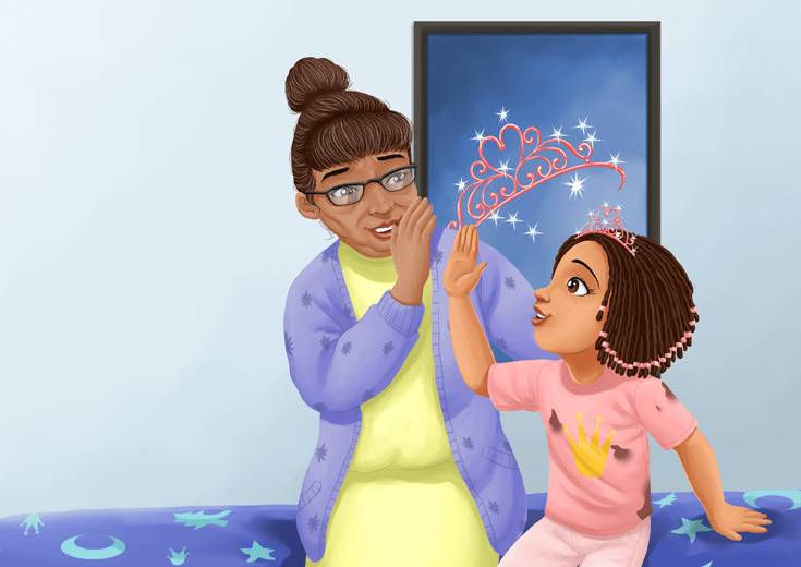 Girl with a crown gives her grandma a high-five.