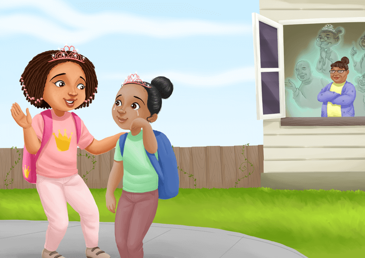 A girl wearing a crown comforting her sad friend.