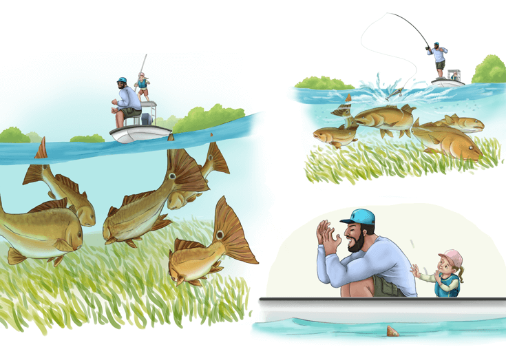 Daughter comforting her father who didn't catch a fish.