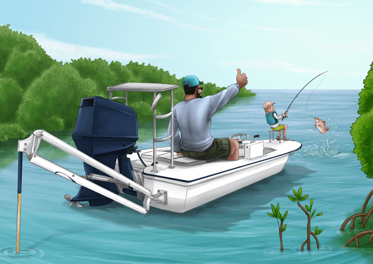 A daughter with a fishing rod catches a fish as her father gives a thumbs-up.