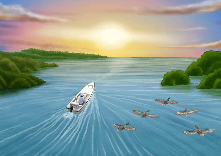 Fishing boat sailing towards the horizon at sunset.