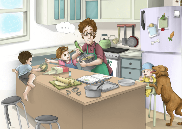 A confused father following a cookie recipe.