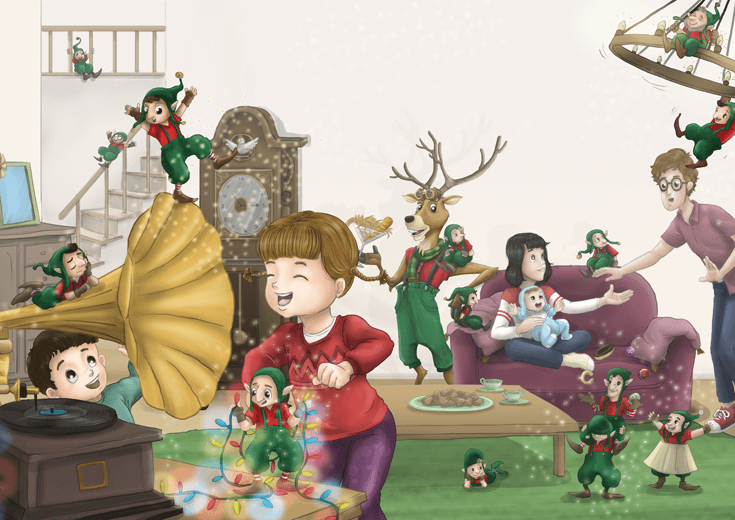 A family enjoying snacks and listening to a gramophone with elves and Santa's reindeer.