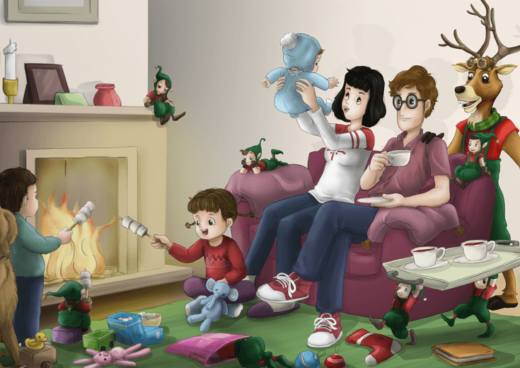 A family enjoying a cozy evening by the fireplace with elves and Santa's reindeer.
