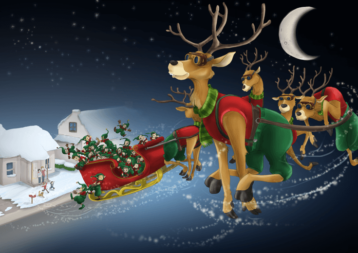 Santa's reindeer pulling a sleigh full of elves.