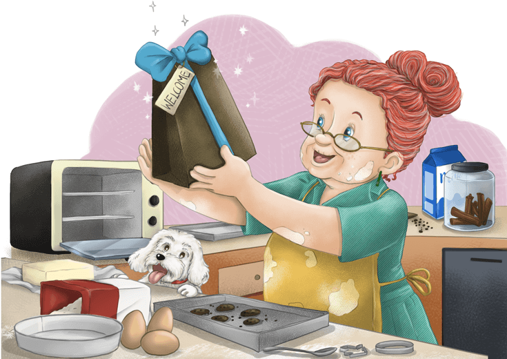 An elderly woman preparing a welcome gift for her new neighbor.