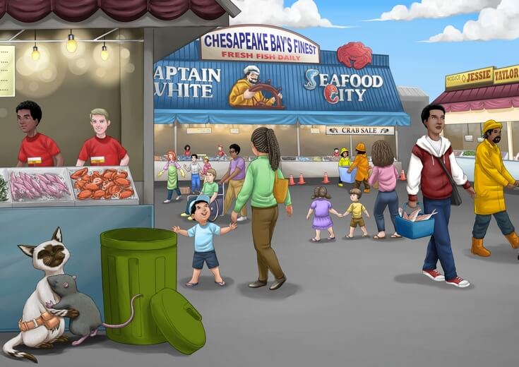 A cat hugging a rat in front of a Chesapeake Bay store selling sea products.