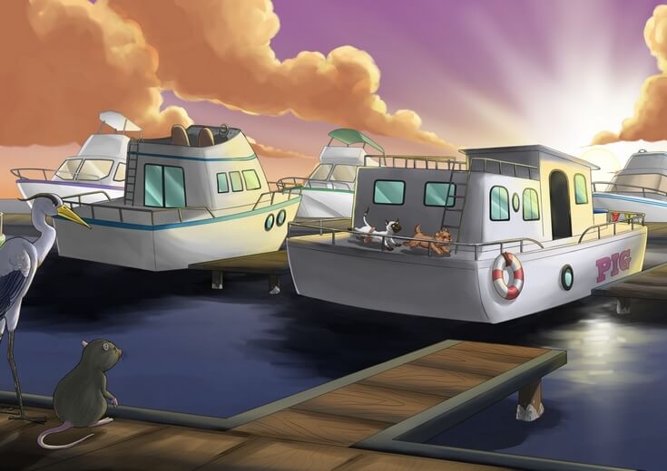 A cat and a dog playing catch on the deck of a ship at sunset.