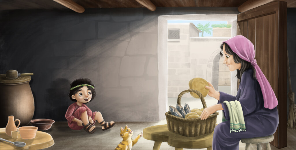 A mother preparing lunch for her son: a basket of bread and fish.