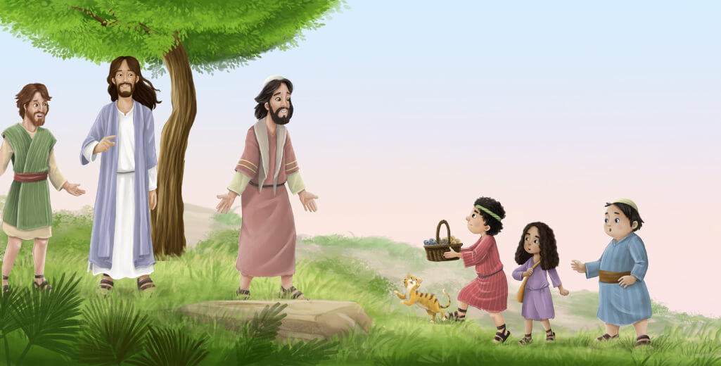 A boy offering his food to Jesus.