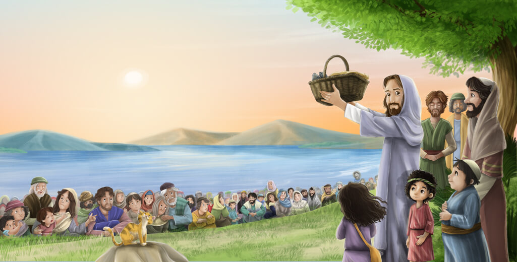 Jesus performs a miracle, multiplying the food to feed over five thousand people.