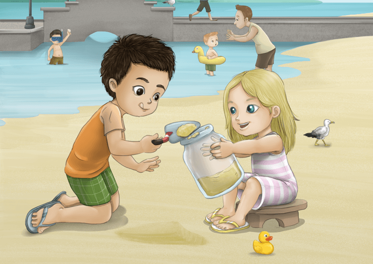 A boy and a girl filling a glass jar with sand.