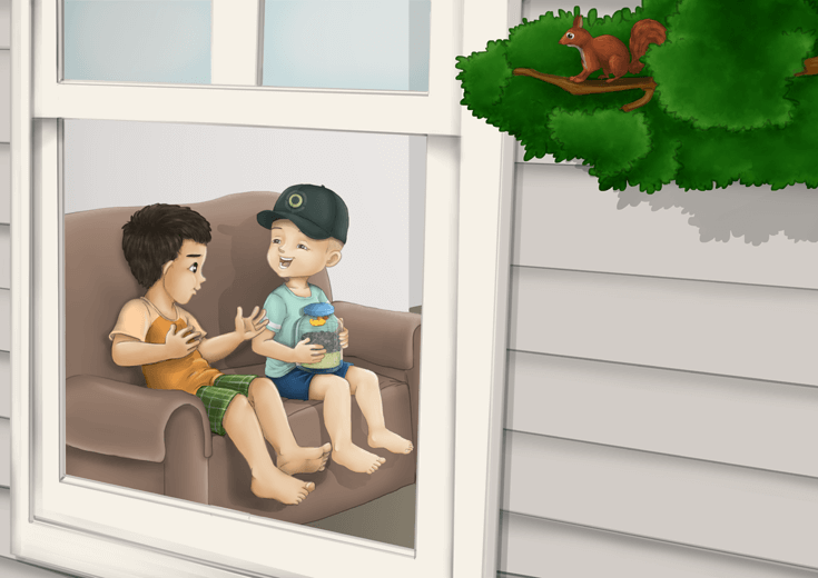 A boy talking to his friend in a living room.