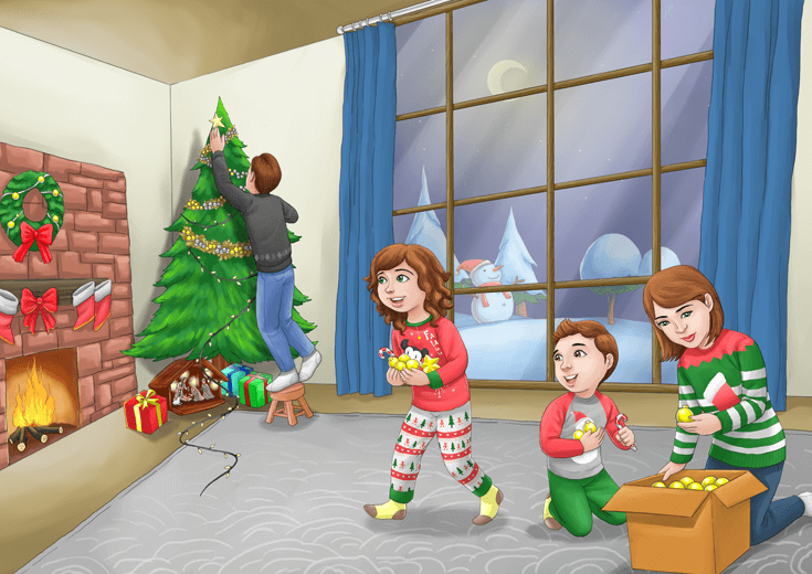 A family decorating a Christmas tree in their living room.