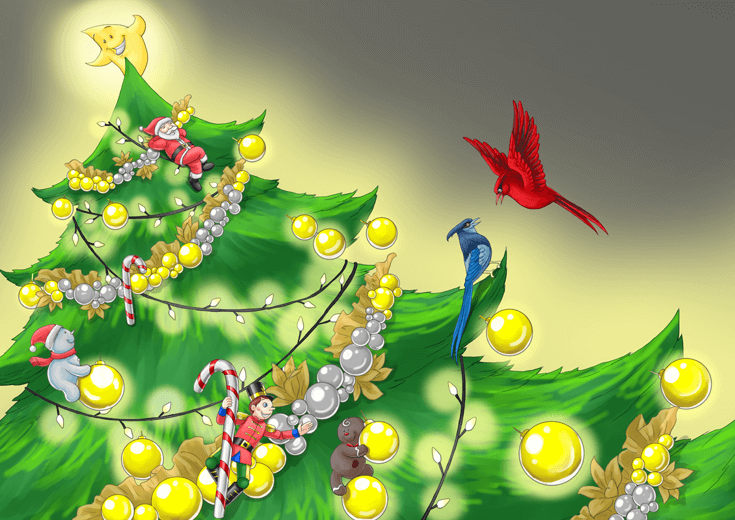 Christmas ornaments coming to life at night.