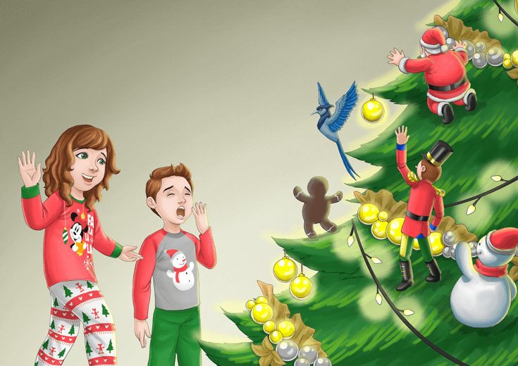 Children waving goodnight to a toy soldier ornament on a Christmas tree.