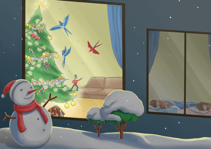 A snowman standing outside a window with a Christmas tree visible inside.