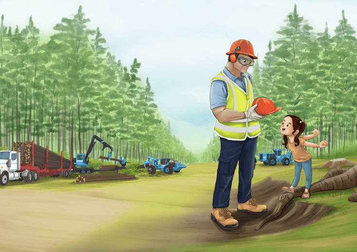 Crew fitting a safety helmet on Lucy before a logging tour.