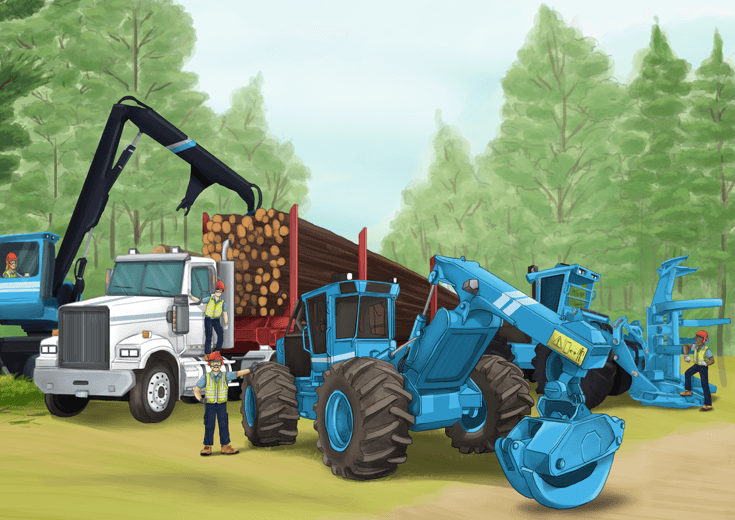 Log loader transferring logs to a transport truck.