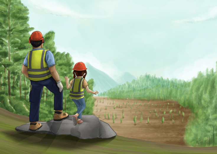 Logging crew showing Lucy an empty field ready for planting.
