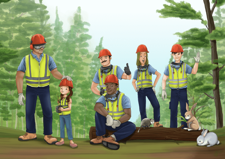 Lucy with a logging crew during their lunch break.