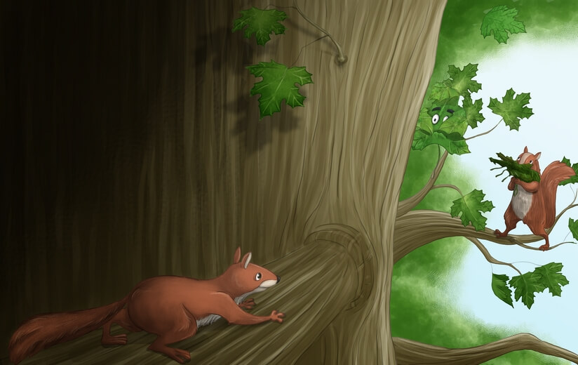 Two squirrels gathering maple leaves during summertime.