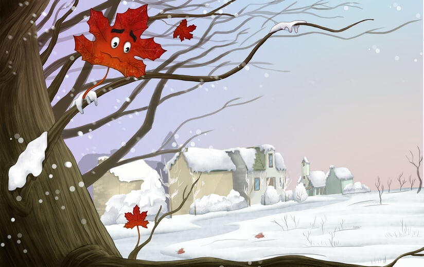 A red maple leaf shuddering in the cold winter wind with a snowy background.