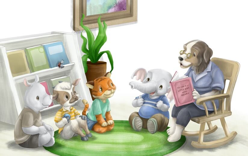 Animal children listening to their teacher read a storybook.