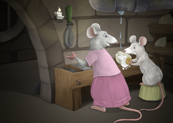 A rat helping its mother with the dishes.