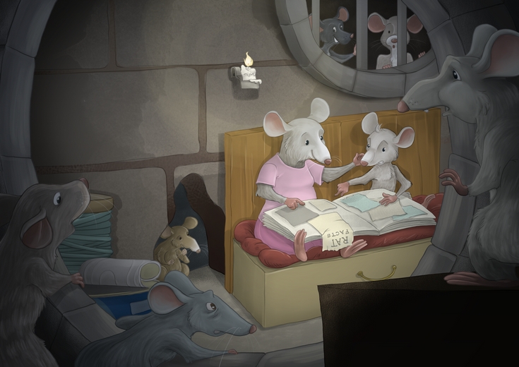 A mother rat reading to her son, with neighbors listening in.