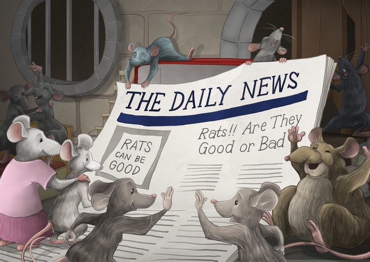 A rat family reading a human newspaper reporting on changing attitudes towards rodents.