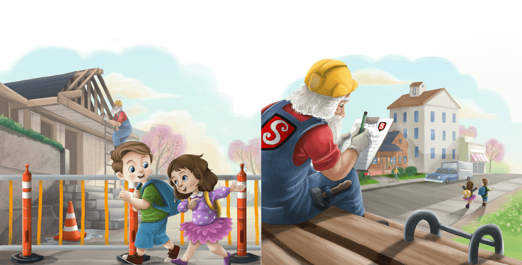 A boy and girl walking to school as Santa observes and notes their good deed.