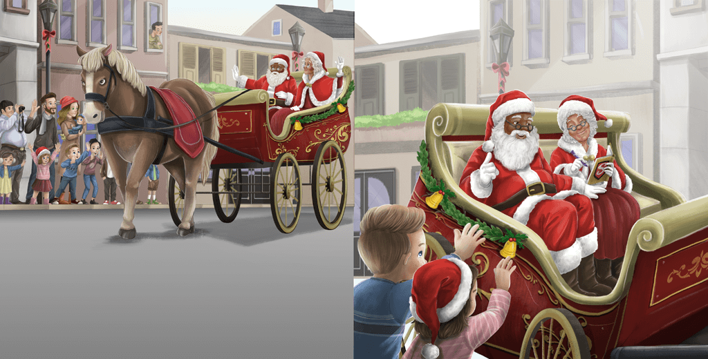A family enjoys a Christmas parade featuring Santa in a chariot.