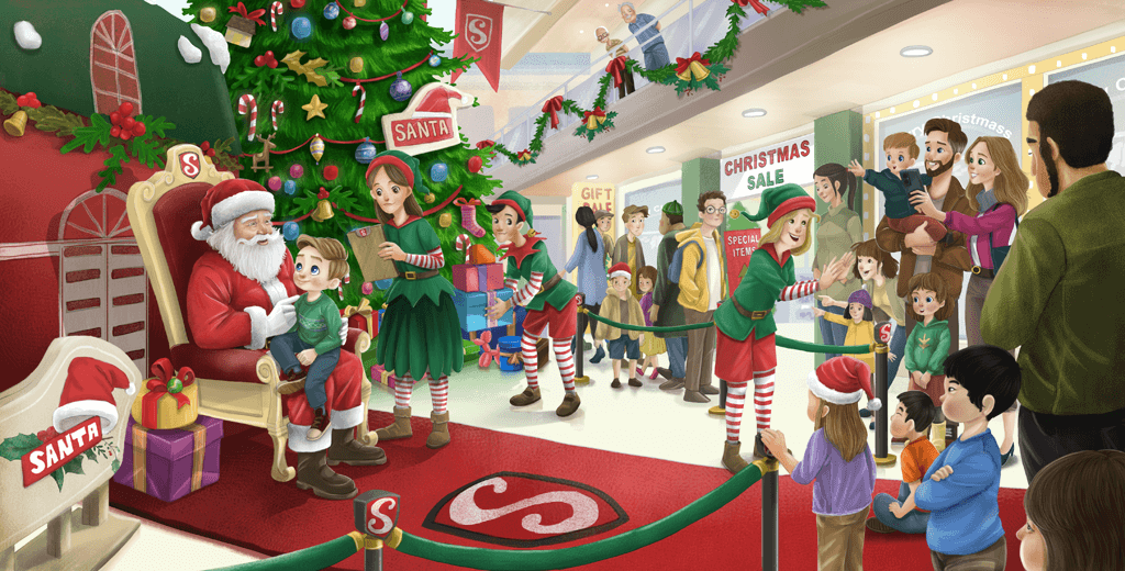 A line of people waiting to meet Santa Claus in a shopping mall.