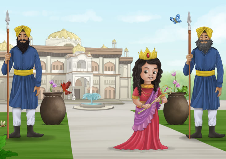 Proud Sikh girl with long hair before a castle with two guards.