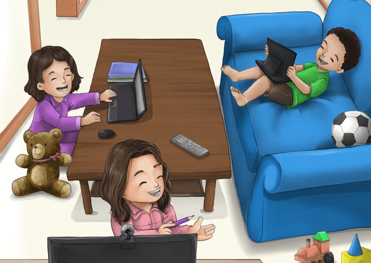 Three siblings each attending their own online class.