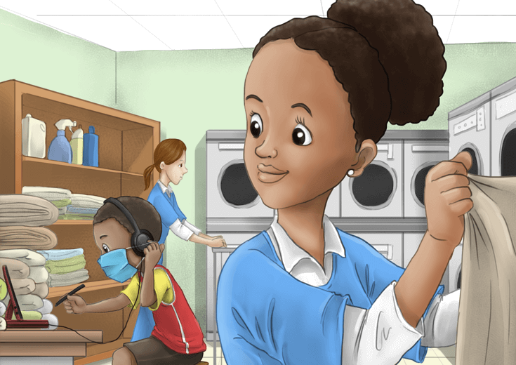 A boy joining a distance learning session in a laundry room with washing machines.