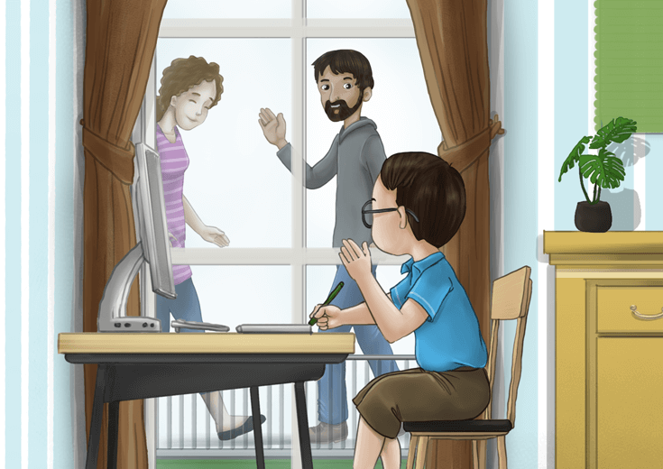 A boy in front of his computer during a distance learning session.