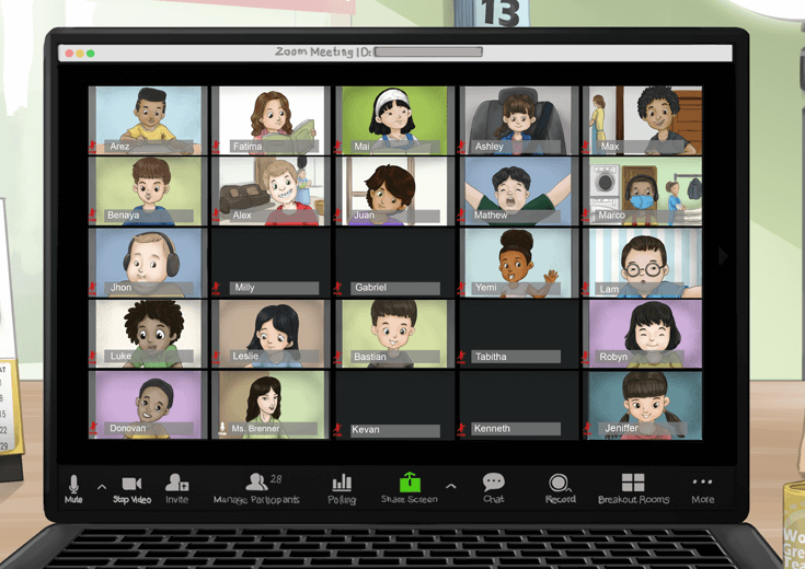 The teacher's grid view, where every square is a different home and a different life — the image that captures what was genuinely new about this version of school.