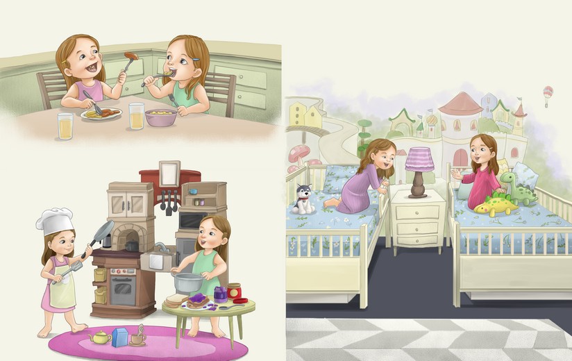 Female twins spending their day together: eating, playing, and sleeping.