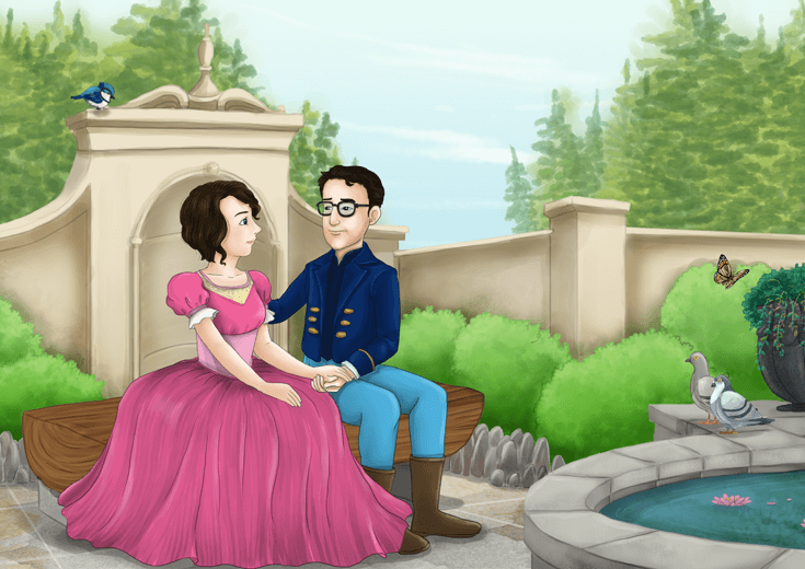 A king and queen sitting together on a park bench.