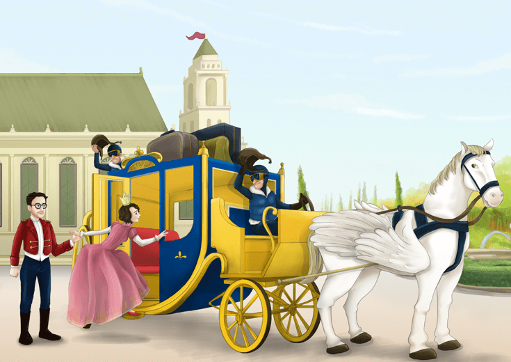 King holding the Queen's hand as she steps onto the chariot.