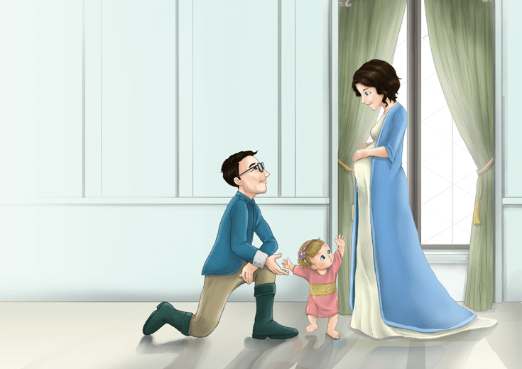 A king kneels in front of his pregnant queen while their daughter watches.